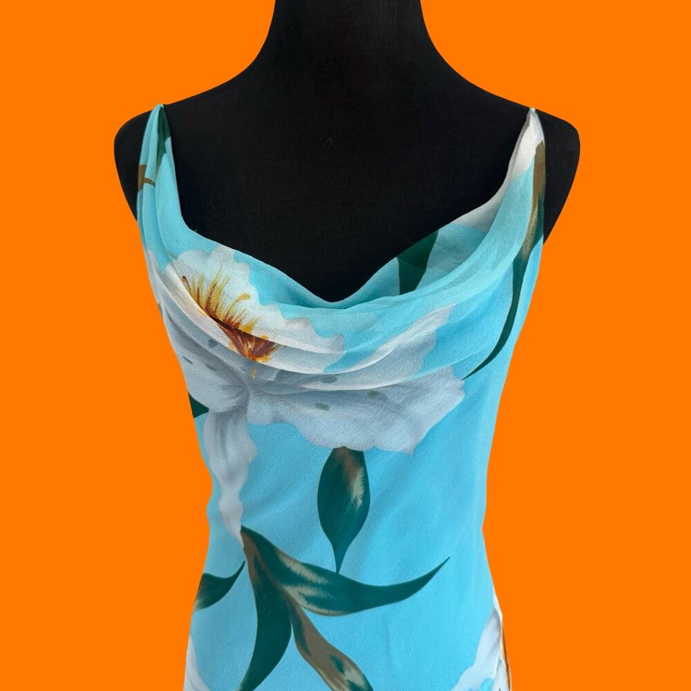00's vintage floral 100% silk cowl neck asymmetrical y2k dress Size 6 - Picture 2 of 9